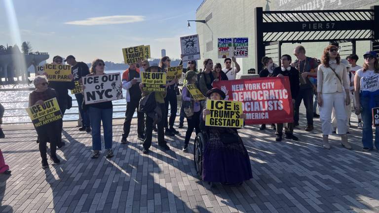 Protests continued against the Hudson River Park Trust for sticking with an ICE contract on Thursday, March 26, outside of Pier 57 on 11th Avenue.