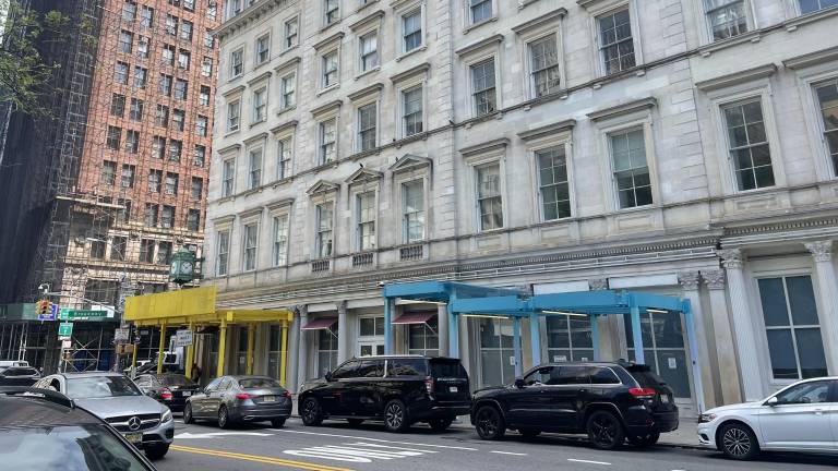 Prototypes for two of the six new scaffolding shed designs were installed in lower Manhattan as part of a citywide effort to rebrand street scaffolding.