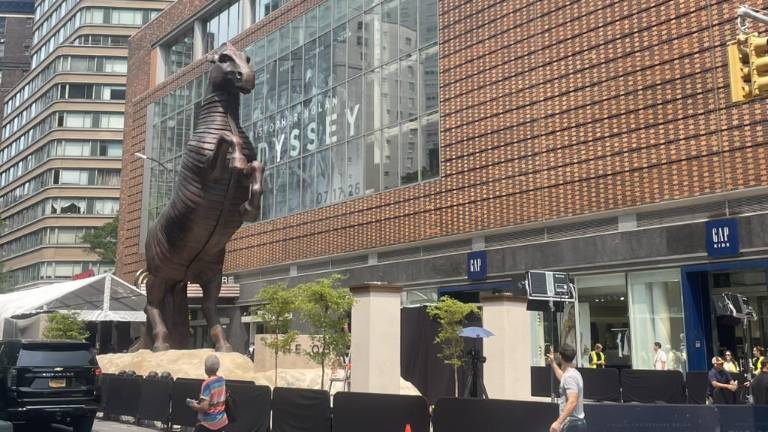 A 36-foot tall trojan horse statue emerged outside of the AMC Lincoln Square 13 theater, commemorating the July 14 premiere of Christopher Nolan’s “The Odyssey.”