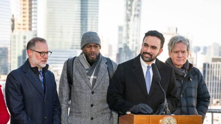Mayor Zohran Mamdani at a Feb. 2 press conference atop the David M. Dinkins Municipal Building. He was joined by Comptroller Mark Levine, Public Advocate Jumaane Williams, and Manhattan B.P. Brad Hoylman-Sigal (from left). Discussion revolved around fighting the biting cold snap, which has killed 16.
