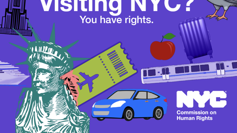 The New York City Commission on Human Rights’ graphic for their new “<u><a rel=nofollow href=https://www.nyc.gov/site/cchr/media/nycvisitors.page>Visitors’ Rights in NYC</a></u>” resource hub, which they encourage viewers to share and spread online.