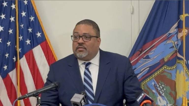 D.A. Alvin Bragg at a press conference the day after announcing sex trafficking indicments.