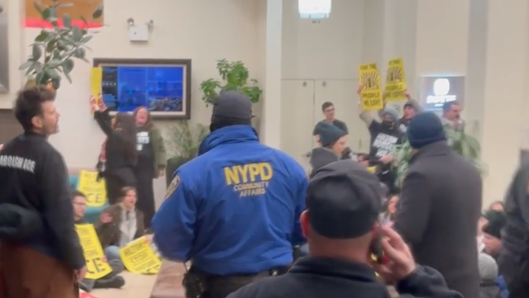 Anti-ICE protesters occupied the lobby of a Hilton in Tribeca on Tuesday, Jan. 27. A total of 66 were arrested.