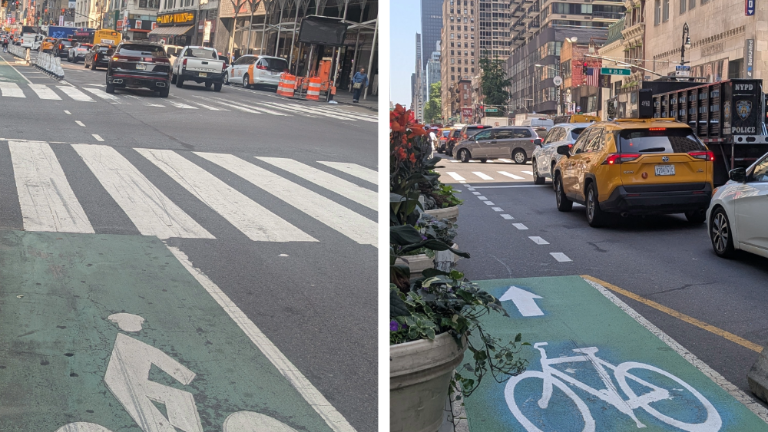 Helmeted stick figure rider marking at W 36th St. and 8th Ave. (left); The newer stencil with a bicycle but no rider at W 35th St. and 6th Ave. (right).