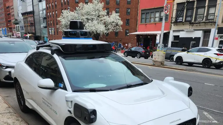 A Waymo car is seen on Bowery near Prince Street in Manhattan on April 4, 2026.