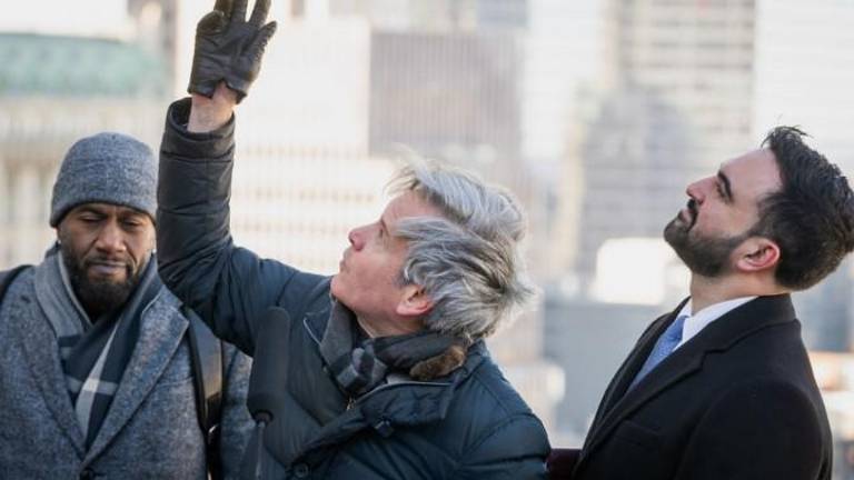 Look skyward! Atop the David N. Dinkins building, from left: Public Advocate Jumaane Williams, Manhattan Borough President Brad Hoylman-Sigal, and Mayor Zohran Mamdani.