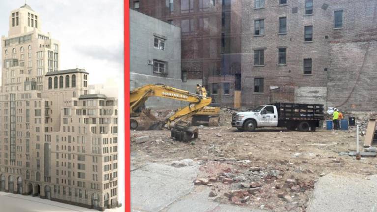 Left: Rendering for proposed 20-story residential tower; Right: recent site clearance began at 252–258 Third Ave.