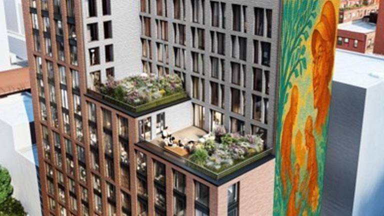 This rendering depicts plans for the proposed 14-story affordable housing complex to rise on what is now a parking lot used for private cars of NYPD officers in the 9th Pct.