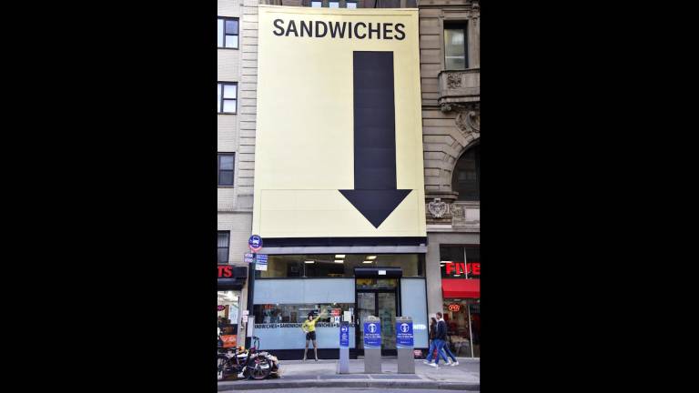 Quirky Karen sleuths in sandwich camouflage.