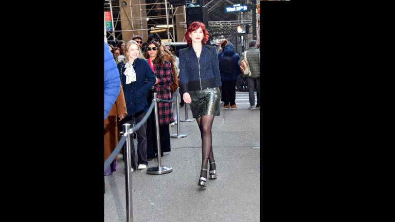 Karen Rempel on sidewalk runway outside Gotham Hall, New York Fashion Week.