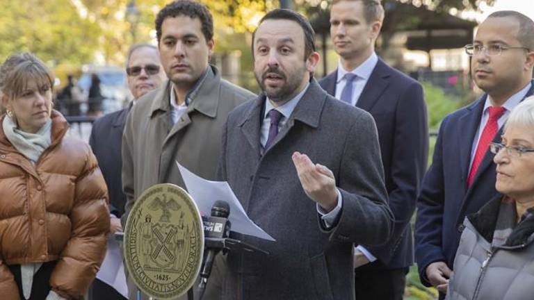 Keith Powers at a press conference earlier this year, has secured the Democratic nomination for the Assembly seat vacated by Harvey Epstein when he ran and was elected to the City Council. Powers had the backing of 61 percent of the New York County Democratic club members who voted on Dec. 10.